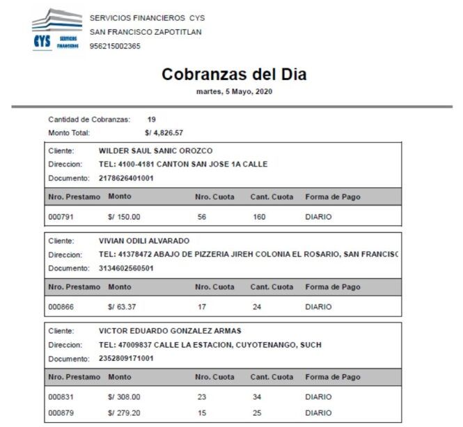 Cobranzas del Dia