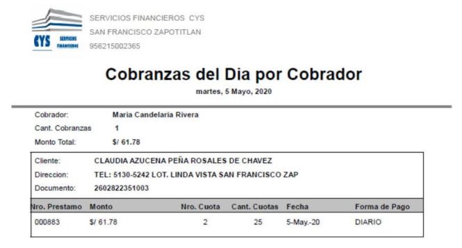 Cobranzas del Dia por Cobrador